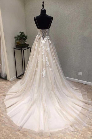 NumberSea A-Linie Spaghettiträger Brautkleid mit Spitzenapplikationen, Brautkleid, MW727