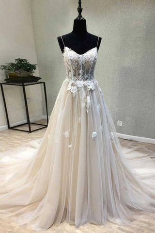 NumberSea A-Linie Spaghettiträger Brautkleid mit Spitzenapplikationen, Brautkleid, MW727