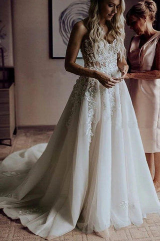 NumberSea A-Linie Brautkleid mit Herzausschnitt und Schleppe und Perlenapplikationen, MW309