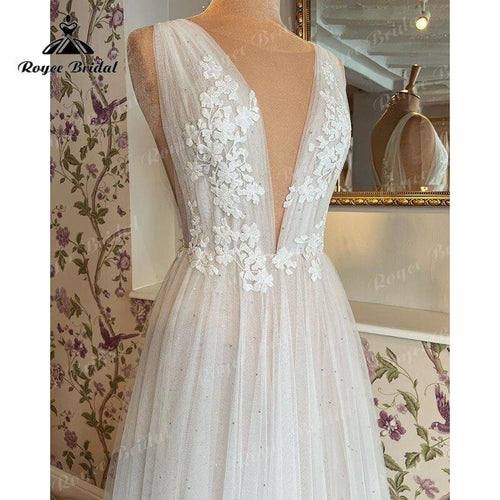 NumberSea Robe de mariée en tulle A Line avec encolure en V profond, sans manches, plissée, en dentelle, sur mesure pour femmes - Robe de réception de mariage