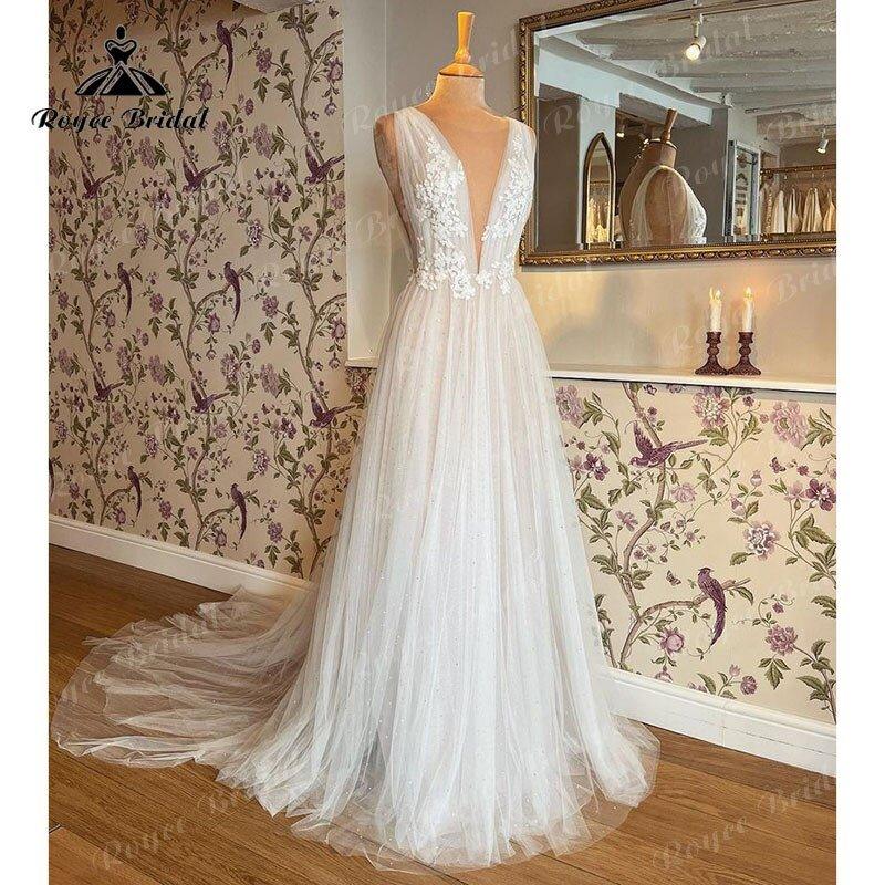 NumberSea A Line Tulle Wedding Dress Deep V Neck Sleeveless Pleats Lace Bridal Gown For Women Custom Made  obe de réception de mariage