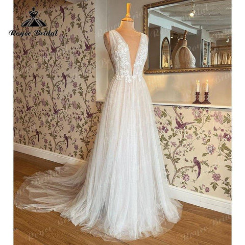 NumberSea A-linie Tüll Brautkleid Tiefem V-ausschnitt Ärmellose Falten Spitze Brautkleid Für Frauen Nach Maß obe de réception de mariage 