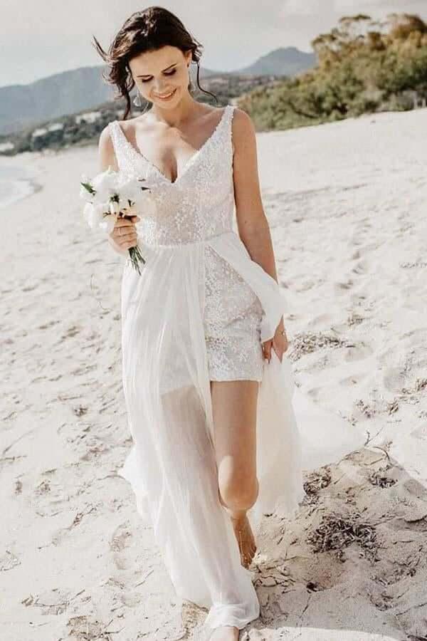 NumberSea A-line V-neck Detachable Train Summer Bridal Gown, Beach Wedding Dress, MW740