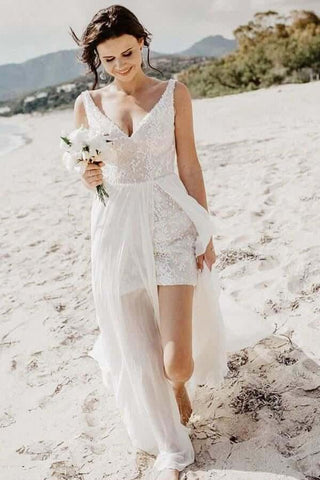 NumberSea A-Linie V-Ausschnitt Abnehmbare Schleppe Sommer Brautkleid, Strand Brautkleid, MW740