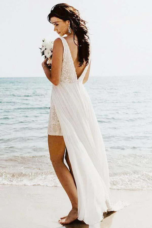 NumberSea Robe de mariée A-line décolleté en V avec traîne amovible pour l'été, Robe de mariée de plage, MW740