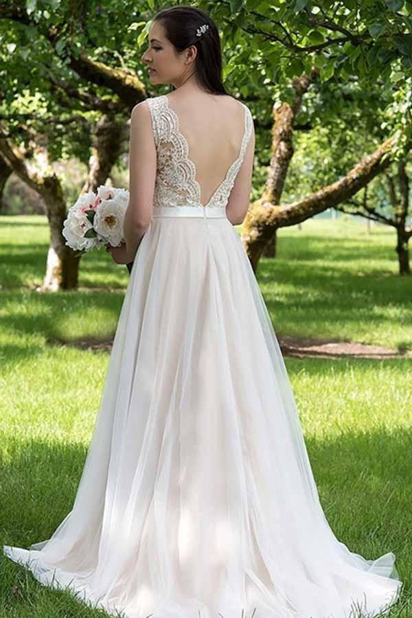 NumberSea A-line V-neck Lace Top Tulle Skirt Beach Wedding Dresses, Wedding Gown, MW743
