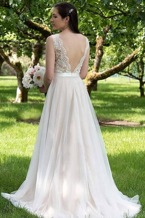 NumberSea Robes de mariée de plage A-line décolleté en V haut en dentelle jupe en tulle, Robe de mariée, MW743