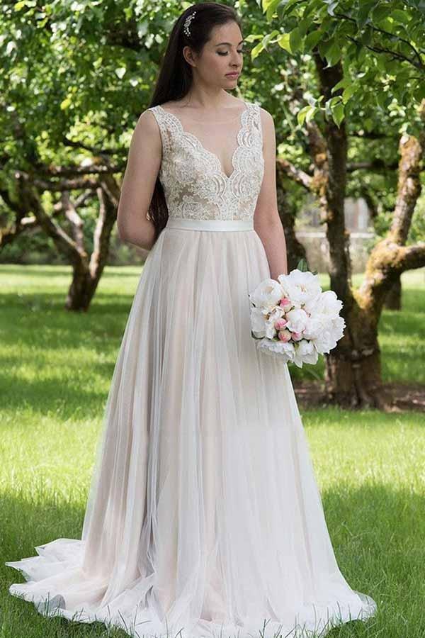 NumberSea A-line V-neck Lace Top Tulle Skirt Beach Wedding Dresses, Wedding Gown, MW743