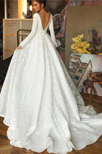 NumberSea A-line V-neck Long Sleeves Wedding Dresses With Court Train, Bridal Gown, MW782