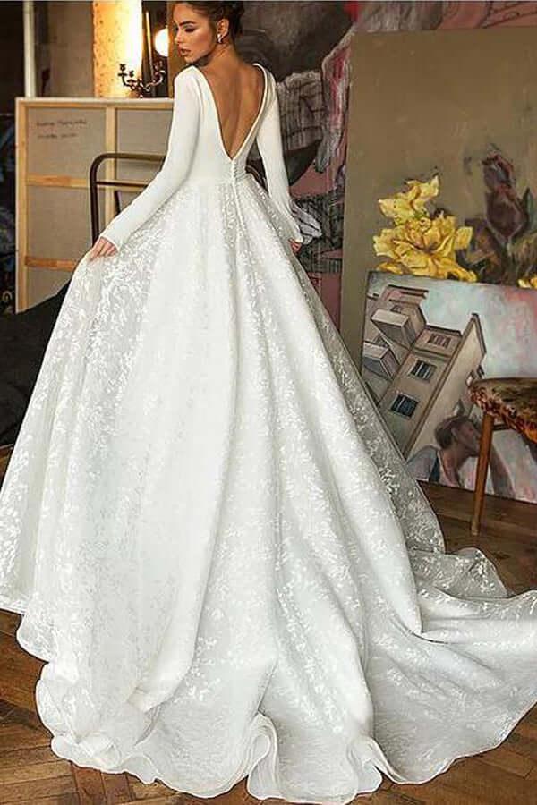 NumberSea A-line V-neck Long Sleeves Wedding Dresses With Court Train, Bridal Gown, MW782