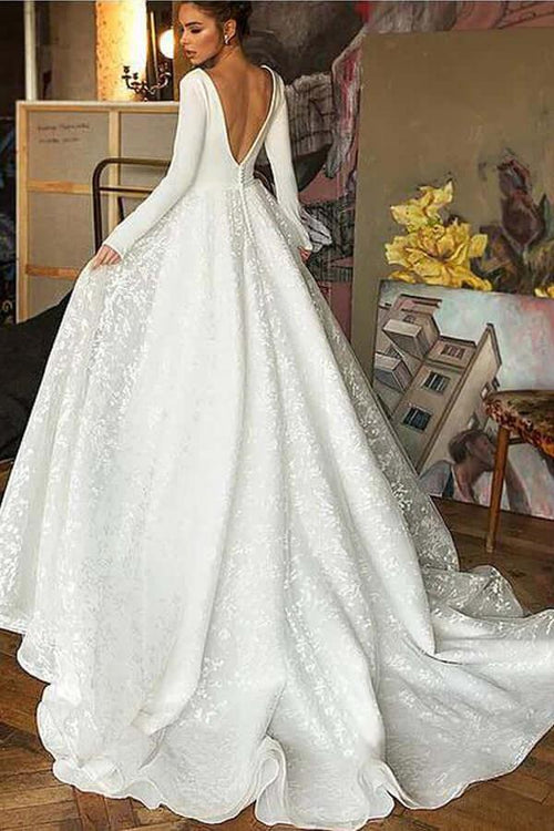 NumberSea Robes de mariée A-line décolleté en V manches longues avec traîne de cour, Robe de mariée, MW782