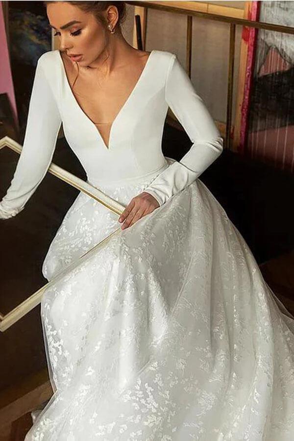 NumberSea A-line V-neck Long Sleeves Wedding Dresses With Court Train, Bridal Gown, MW782