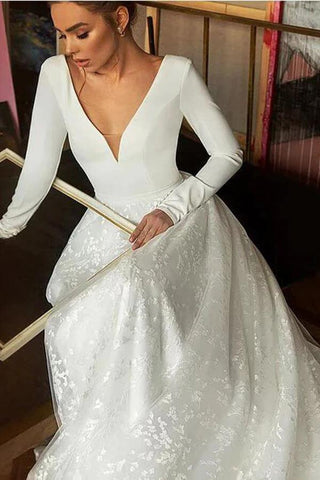 NumberSea A-Linie V-Ausschnitt Lange Ärmel Brautkleider mit Hofschleppe, Brautkleid, MW782