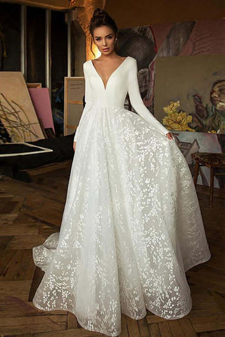 NumberSea A-Linie V-Ausschnitt Lange Ärmel Brautkleider mit Hofschleppe, Brautkleid, MW782
