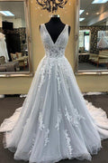 NumberSea A-line V-neck Pure White Appliqued Wedding Gown Sweep Train Wedding Dress,MW326