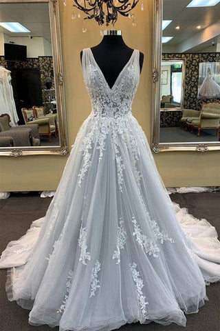 Vestido de noiva NumberSea, corte A, decote em V, aplicações em branco puro, cauda longa, MW326