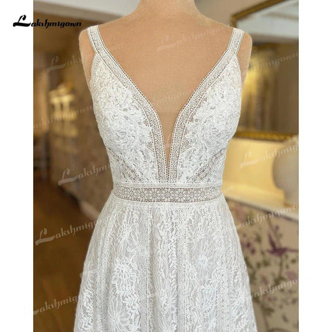 NumberSea Vestidos de Noiva A-Line Sexy Decote em V Apliques de Renda Alças Finas Para Mulheres Vestido de Noiva Sweep Vestidos De Novia 
