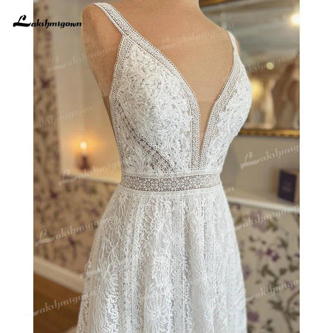 NumberSea Vestidos de Noiva A-Line Sexy Decote em V Apliques de Renda Alças Finas Para Mulheres Vestido de Noiva Sweep Vestidos De Novia 