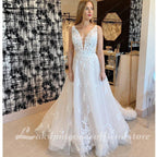 NumberSea A line Wedding Dresses V-neck Custom-Made Court Train Appliques Sleeveless Bridal Gown  Robe De Mariée