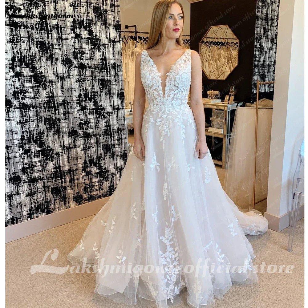 NumberSea A line Wedding Dresses V-neck Custom-Made Court Train Appliques Sleeveless Bridal Gown  Robe De Mariée