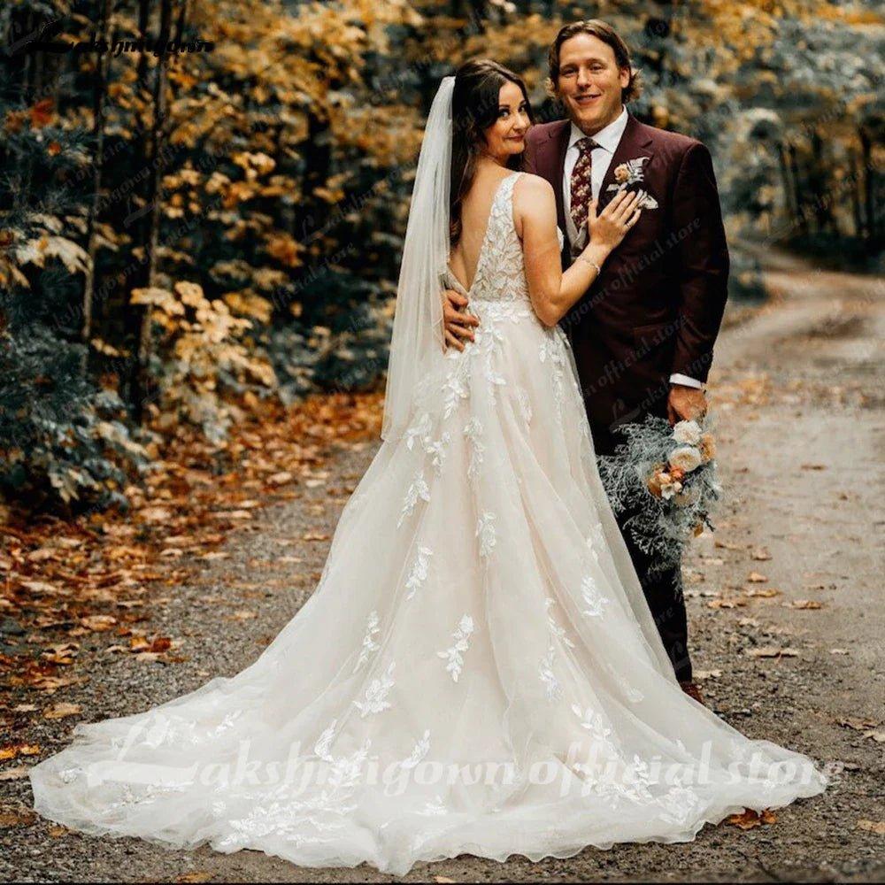 NumberSea A line Wedding Dresses V-neck Custom-Made Court Train Appliques Sleeveless Bridal Gown  Robe De Mariée