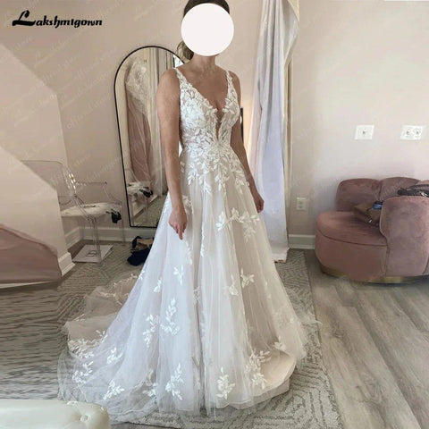 NumberSea A-Linie Brautkleider V-Ausschnitt Maßgeschneiderte Hofschleppe Applikationen Ärmelloses Brautkleid Robe De Mariée 
