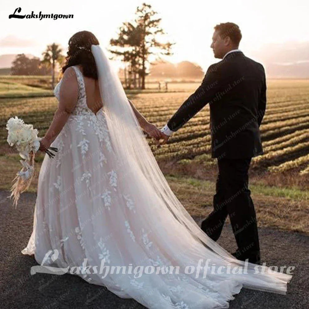 NumberSea A line Wedding Dresses V-neck Custom-Made Court Train Appliques Sleeveless Bridal Gown  Robe De Mariée