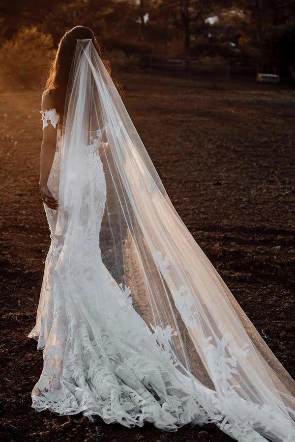 Vestido de noiva rústico com aplicações de tule e ombro de fora, incrível sereia, NumberSea, MW504