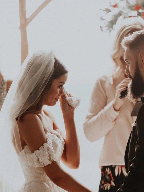 Vestidos de noiva compridos com aplicações de tule NumberSea, cauda longa e corte A, MW455