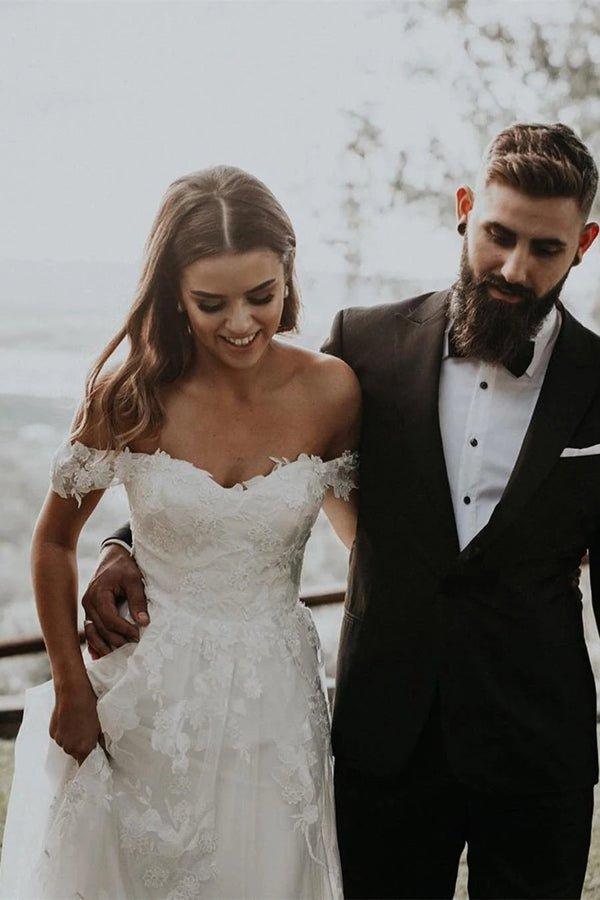 Vestidos de noiva compridos com aplicações de tule NumberSea, cauda longa e corte A, MW455