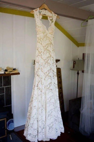 NumberSea Rückenfreies A-Linien-Brautkleid in Bodenlänge, ärmellos, Etuikleid aus Spitze, MW334