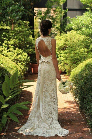 NumberSea Rückenfreies A-Linien-Brautkleid in Bodenlänge, ärmellos, Etuikleid aus Spitze, MW334