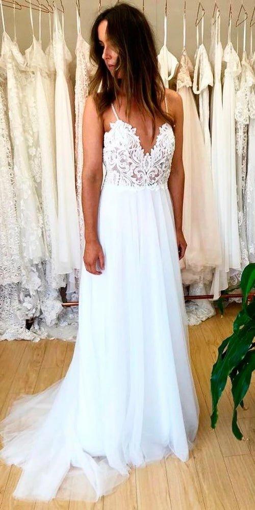 NumberSea Robe de mariée de plage à dos nu en dentelle/tulle à ligne A et encolure en V,MW351