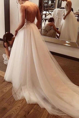 NumberSea Rückenfreies Brautkleid aus Spitze/Tüll, A-Linie, V-Ausschnitt, Strand, MW351