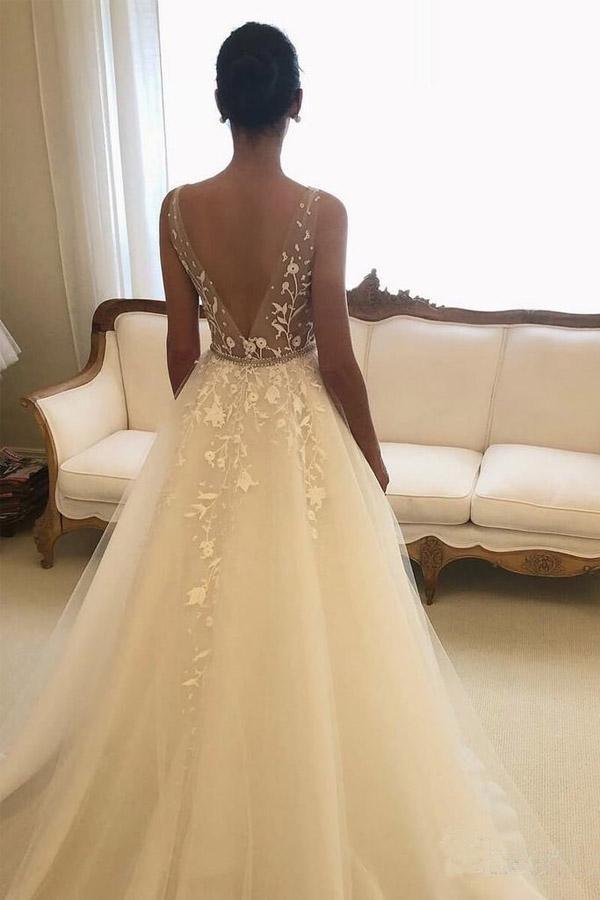 NumberSea Backless Rustic V-Neck Lace Wedding Dresses Wedding Dress, MW287