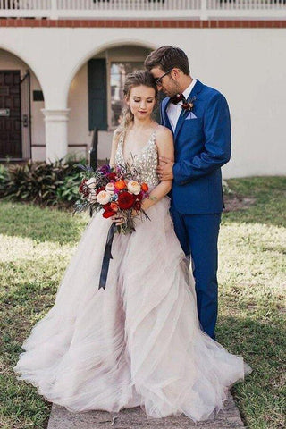 Vestido de noiva NumberSea com decote em V profundo e corpete com contas, MW622