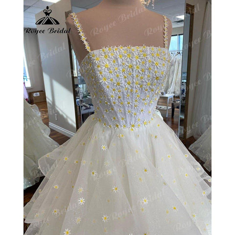 NumberSea Ballkleid mit Gänseblümchen-Blumenmuster, quadratischem Kragen, Ausschnitt, Strandhochzeitskleid mit abnehmbaren Spaghettiträgern, Brautempfangs-Partykleider 