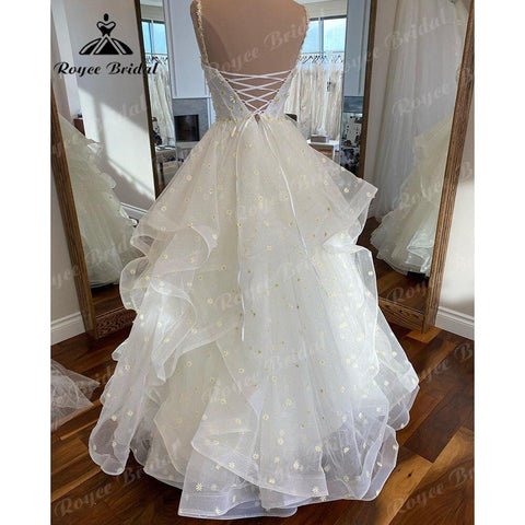 NumberSea Ballkleid mit Gänseblümchen-Blumenmuster, quadratischem Kragen, Ausschnitt, Strandhochzeitskleid mit abnehmbaren Spaghettiträgern, Brautempfangs-Partykleider 