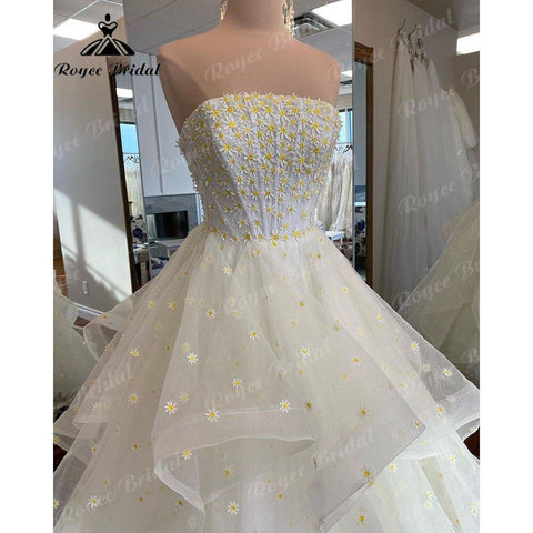 NumberSea Ballkleid mit Gänseblümchen-Blumenmuster, quadratischem Kragen, Ausschnitt, Strandhochzeitskleid mit abnehmbaren Spaghettiträgern, Brautempfangs-Partykleider 