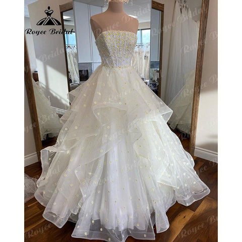 NumberSea Ballkleid mit Gänseblümchen-Blumenmuster, quadratischem Kragen, Ausschnitt, Strandhochzeitskleid mit abnehmbaren Spaghettiträgern, Brautempfangs-Partykleider 