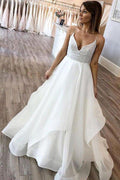 NumberSea Robe de mariée ivoire à ligne princesse avec bretelles spaghetti et encolure en V,Robes de mariée en dentelle,MW475