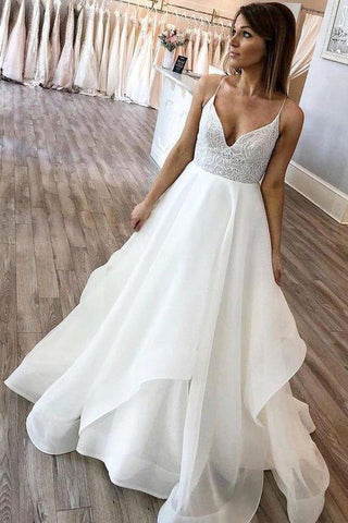 NumberSea Ballkleid V-Ausschnitt Spaghettiträger Elfenbein Brautkleider,Spitze Brautkleider,MW475
