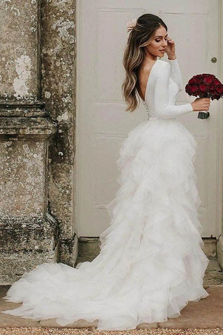 NumberSea Bateau A-Linie Lange Ärmel Stehkragen Rüschen Tüll Elegantes Brautkleid, MW430