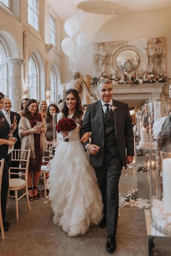 NumberSea Bateau A-Linie Lange Ärmel Stehkragen Rüschen Tüll Elegantes Brautkleid, MW430