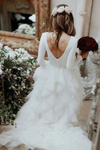 NumberSea Bateau A-Line Long Sleeves High Neck Ruffles Tulle Elegant Wedding Dress,MW430