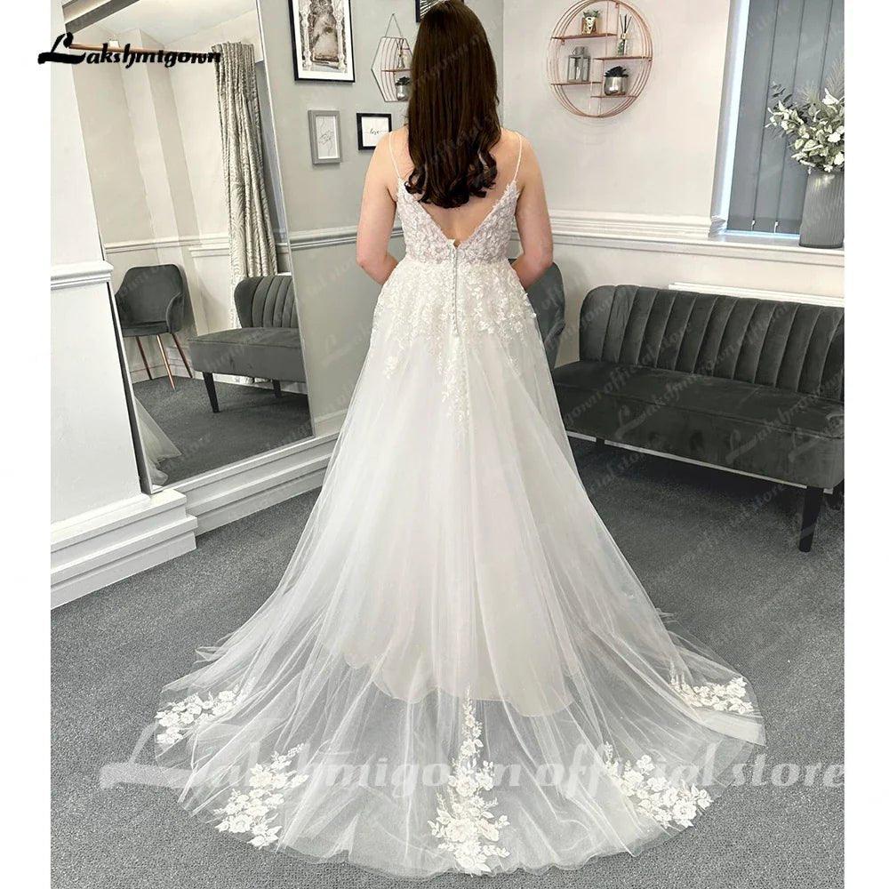NumberSea Beach Formal Wedding Dresses Sweep Train Sleeveless Spaghetti Strap Lace With Appliques 2025 Bridal Gowns
