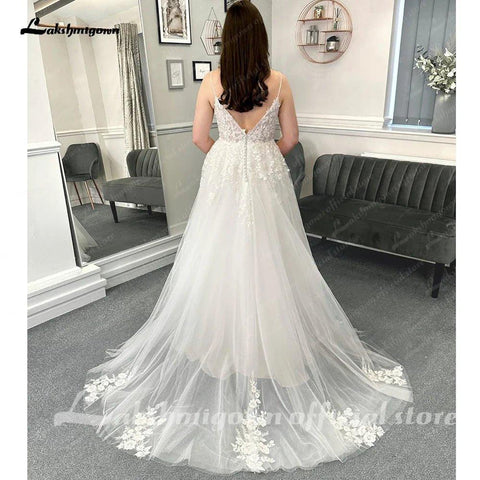 Vestidos de noiva de cerimónia NumberSea Beach, cauda longa, sem mangas, alças finas, renda com aplicações, 2025 