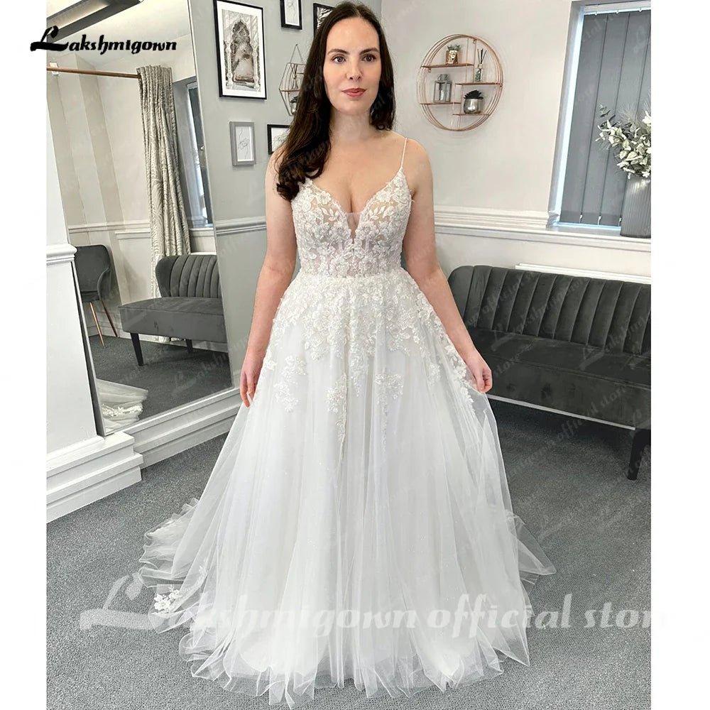 NumberSea Beach Formal Wedding Dresses Sweep Train Sleeveless Spaghetti Strap Lace With Appliques 2025 Bridal Gowns