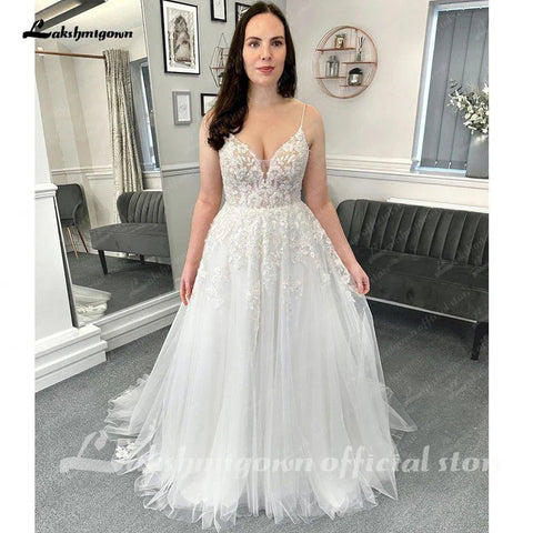 Vestidos de noiva de cerimónia NumberSea Beach, cauda longa, sem mangas, alças finas, renda com aplicações, 2025 
