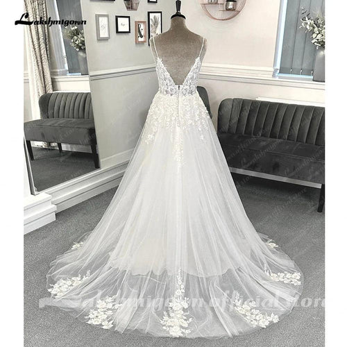 Robes de mariée formelles pour plage NumberSea à traîne balayeuse sans manches bretelles spaghetti dentelle avec applications robes de mariée 2025